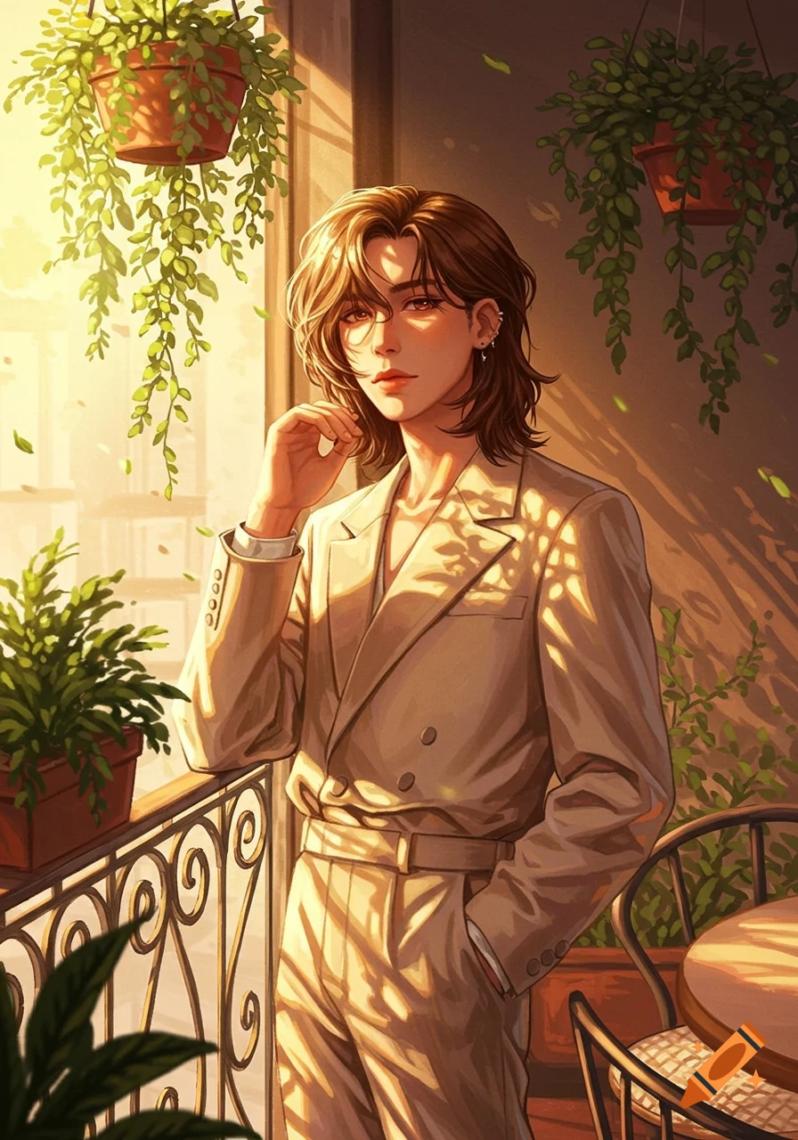 Anime art of a person with brown hair in a light suit on a sunny balcony with plants.