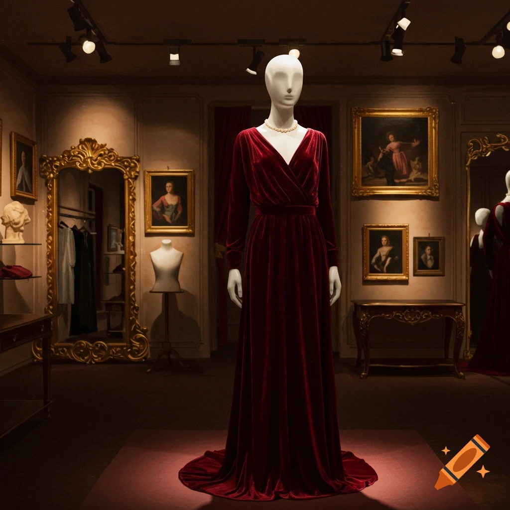 A white mannequin in a long, dark red velvet dress with a pearl necklace stands on a red carpet in a room with paintings and a golden mirror.