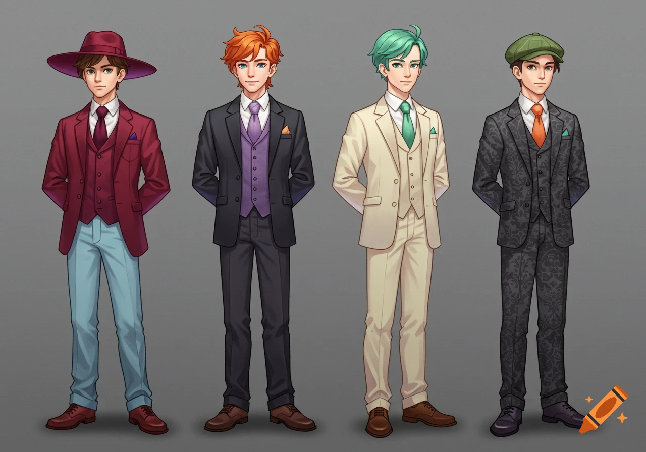 Four young men in colorful formal suits and ties, with unique hairstyles and hats, in a digital illustration.