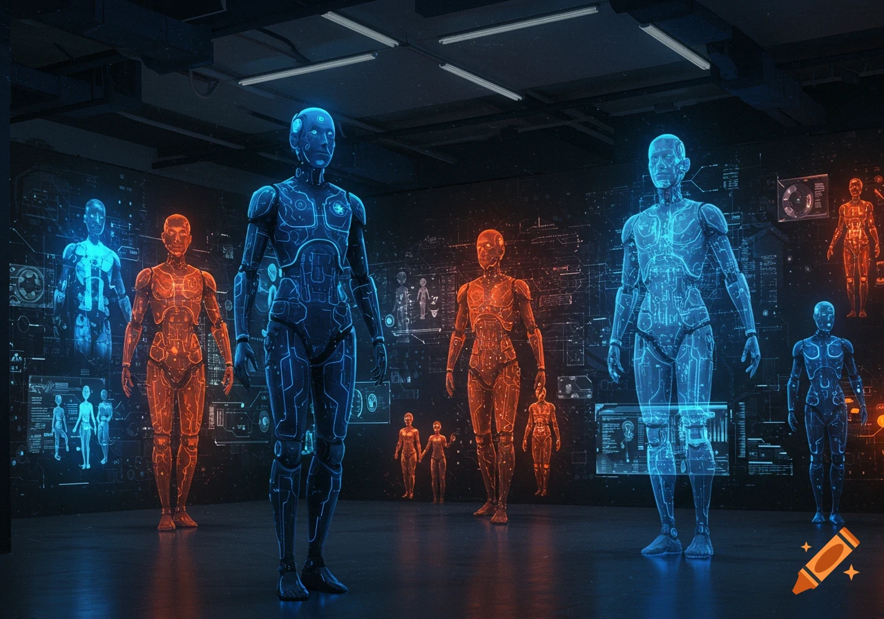 Several glowing blue and orange humanoid robots stand in a dark, futuristic laboratory filled with holographic interfaces.