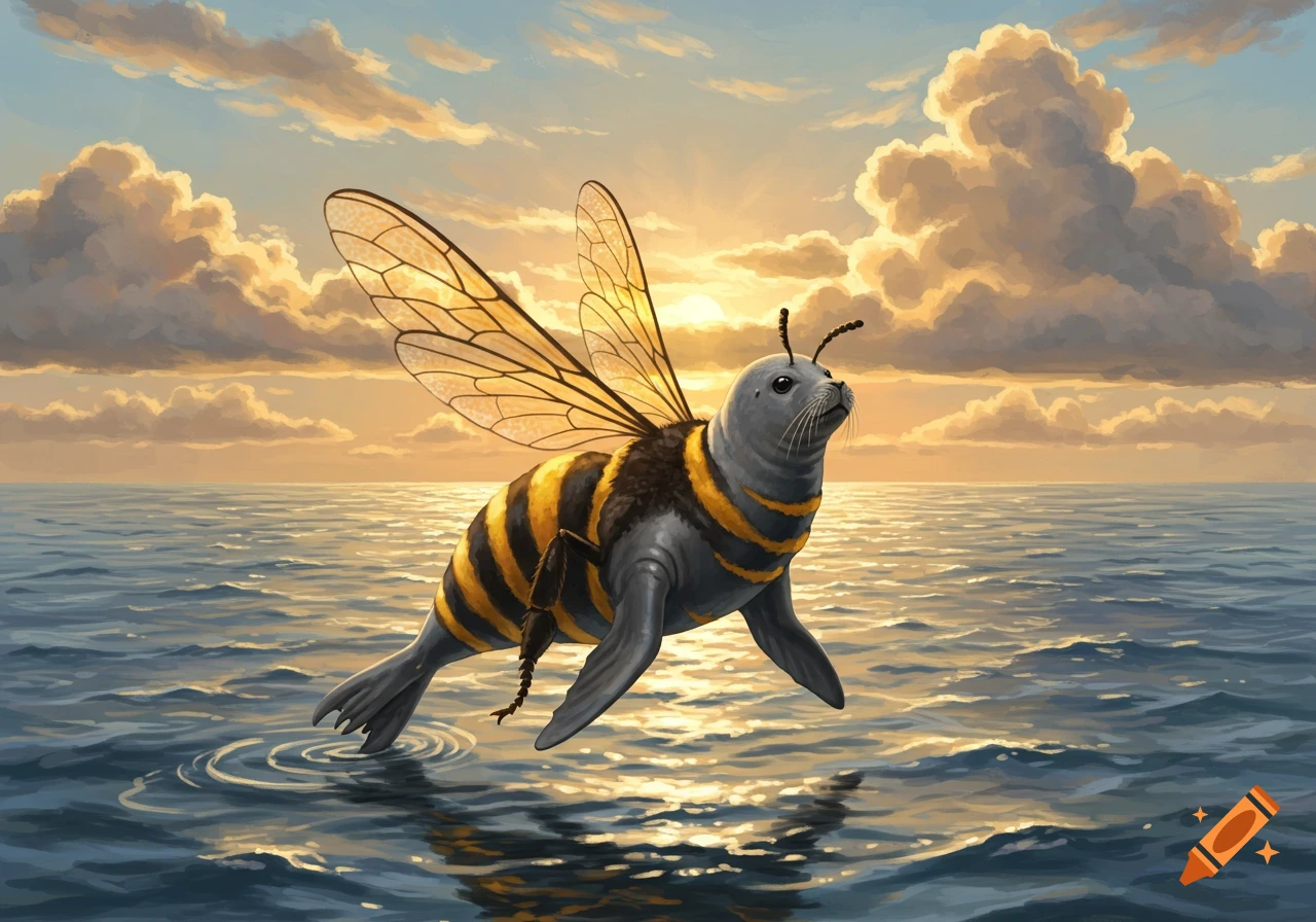 A whimsical bee-seal hybrid with wings and a stinger hovers over the ocean at sunset, digital art.