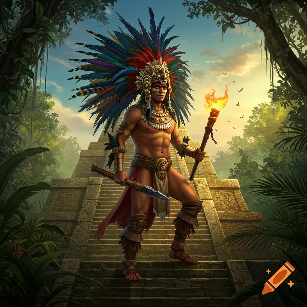 Muscular warrior in an elaborate feathered headdress and traditional attire holding a torch and a dagger, standing on an ancient jungle pyramid at sunset.