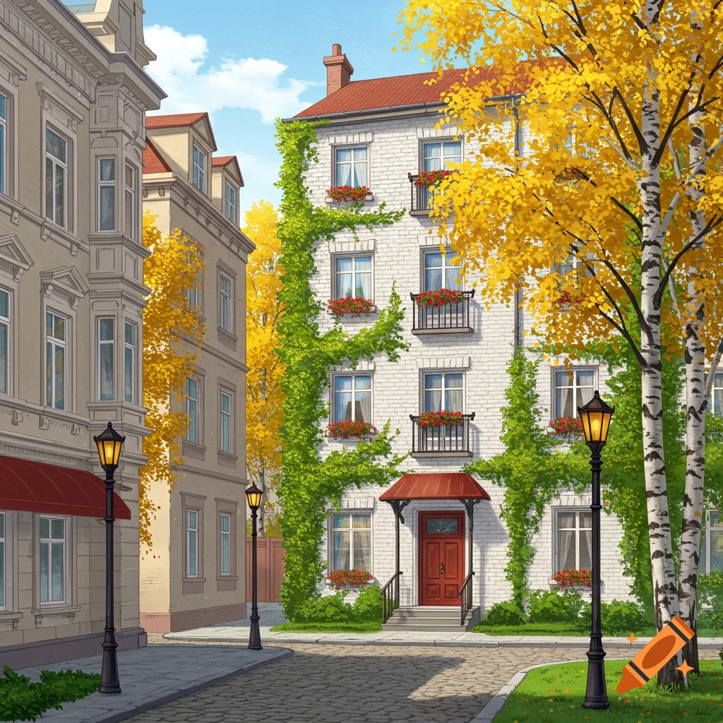 A charming street scene with illustrated white brick buildings, vibrant yellow autumn trees, and green vines under a blue sky.
