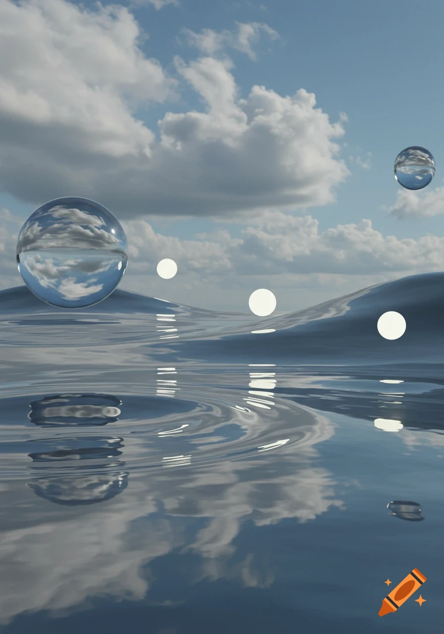 Reflective spheres float on wavy water under a cloudy sky in a Frutiger Aero style 3D render.