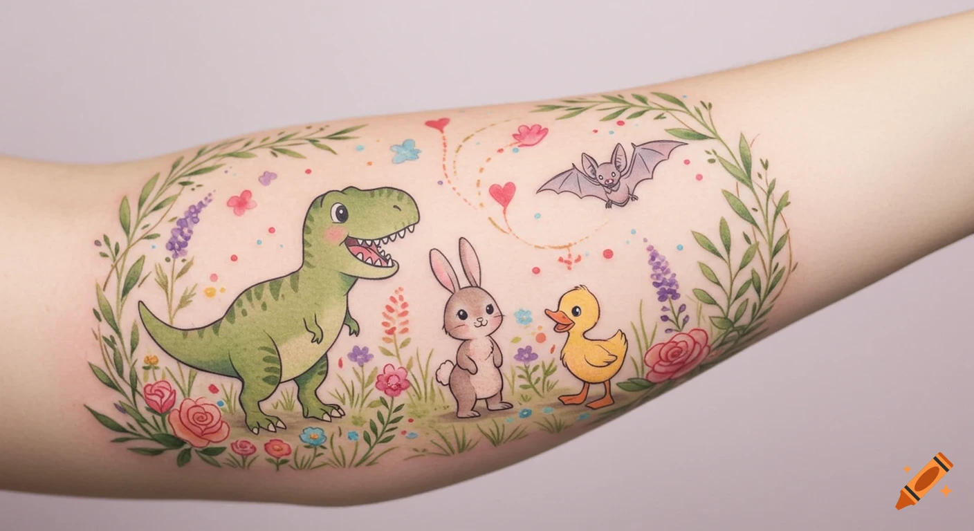 Watercolor tattoo on a forearm depicting a cute cartoon T-Rex, bunny, duckling, and bat playing among colorful flowers and leaves.