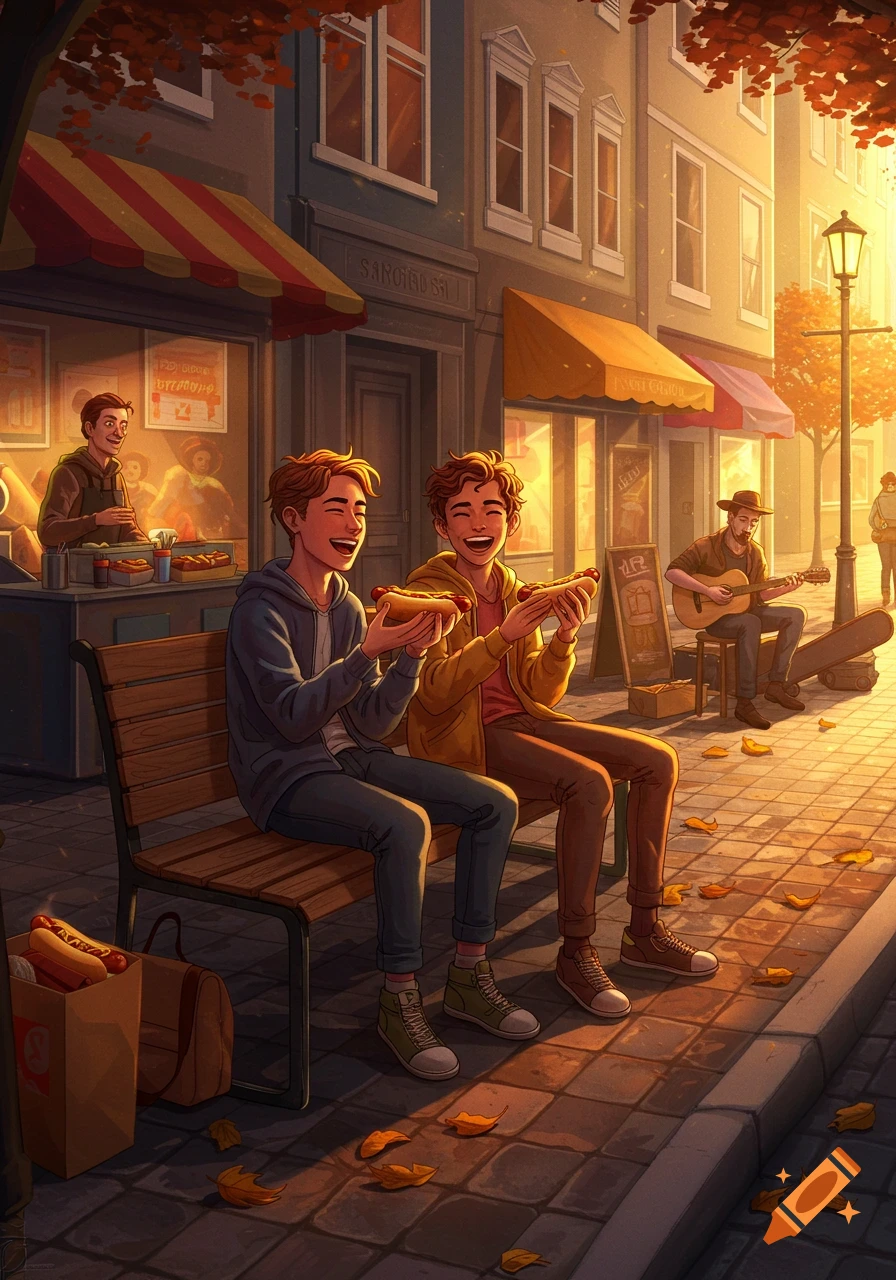 Two smiling young men sit on a bench on a sunlit autumn sidewalk, eating hotdogs. A man sells hotdogs from a stand, and another plays guitar nearby.