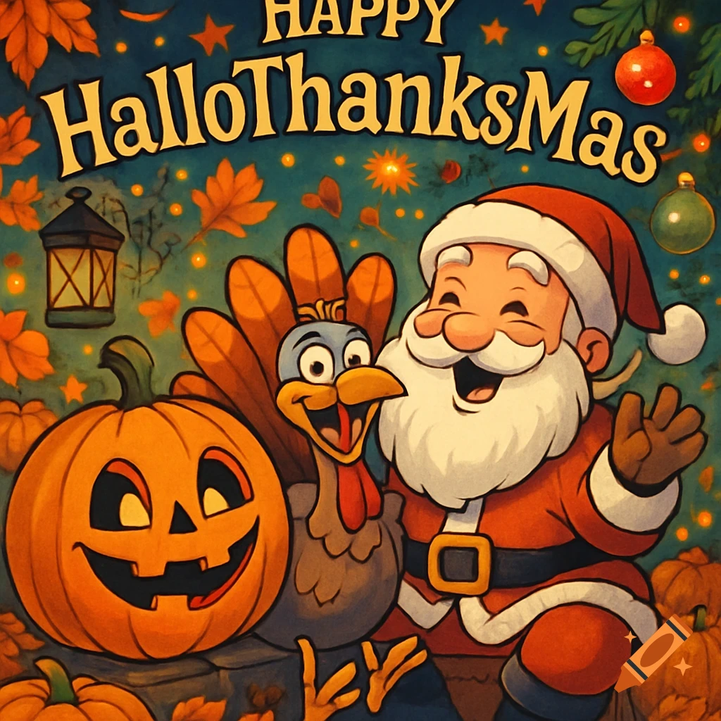 A cartoon jack-o'-lantern, a turkey, and Santa Claus celebrate together under "Happy HallowThanksMas" text, with holiday decorations.