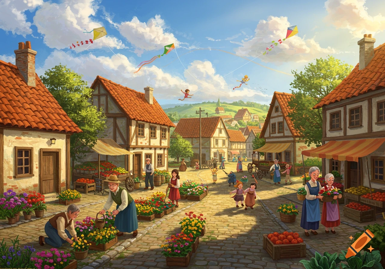 A vibrant illustration of a bustling village market with people tending flower stalls and flying kites under a blue sky.