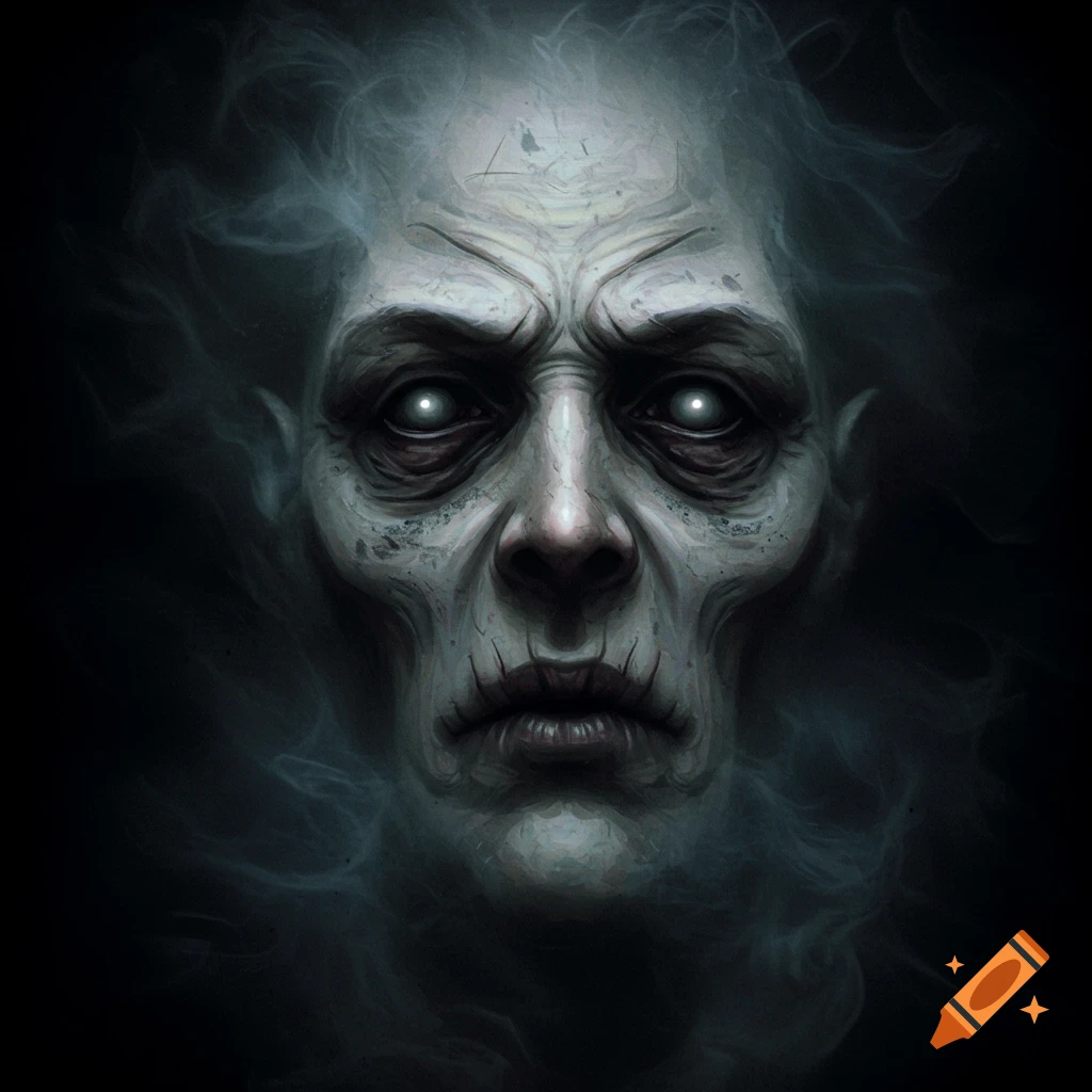 A creepy, distorted, pale face with glowing white eyes emerges from a dark, smoky background.