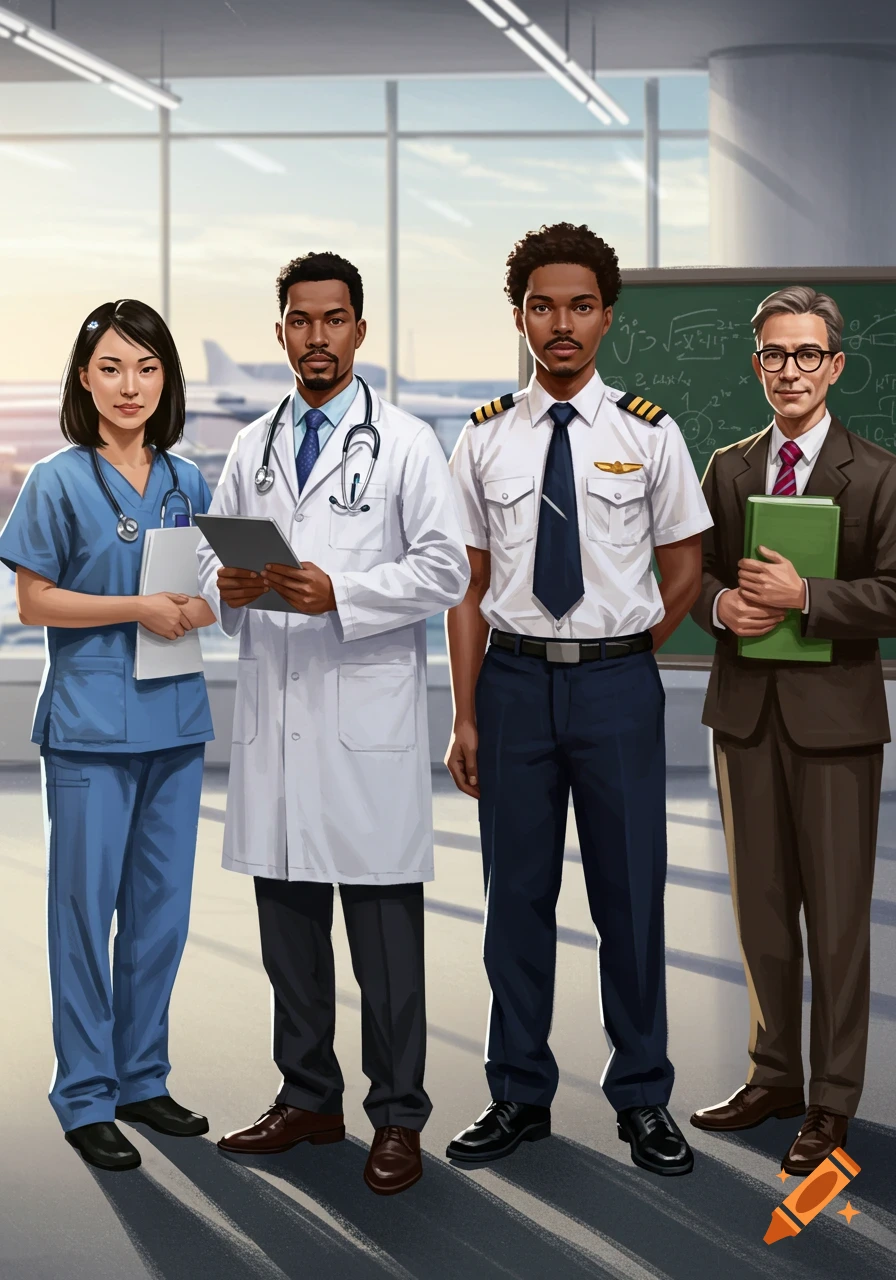 Digital illustration of diverse professionals: a female nurse, a male doctor, a male pilot, and a male professor standing together.