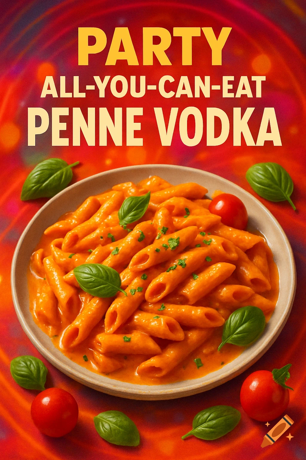 Flyer for a party advertising all-you-can-eat penne vodka pasta with basil and tomatoes on a red background.