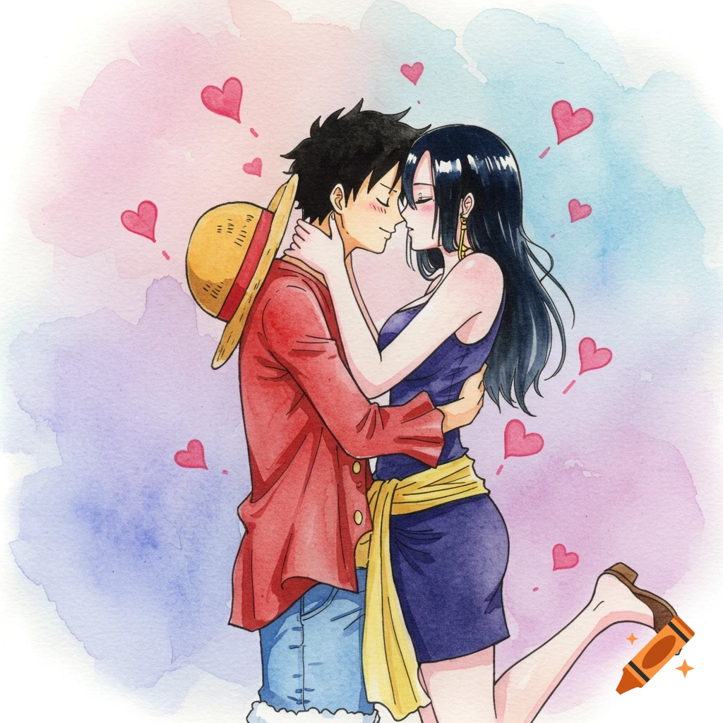 Luffy and Hancock from One Piece share a romantic embrace and kiss, surrounded by pink hearts, in a watercolor style.