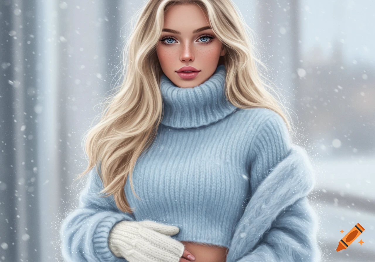 Blonde woman in blue cropped turtleneck and white gloves in falling snow. Illustrated style.