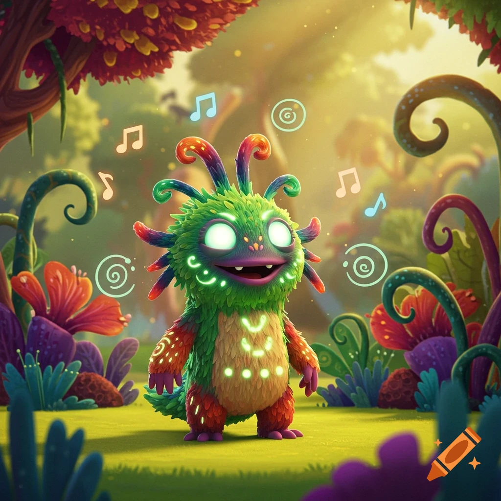 A vibrant, fuzzy, green and orange cartoon monster with glowing eyes and musical notes floating around it stands in a colorful, magical forest.