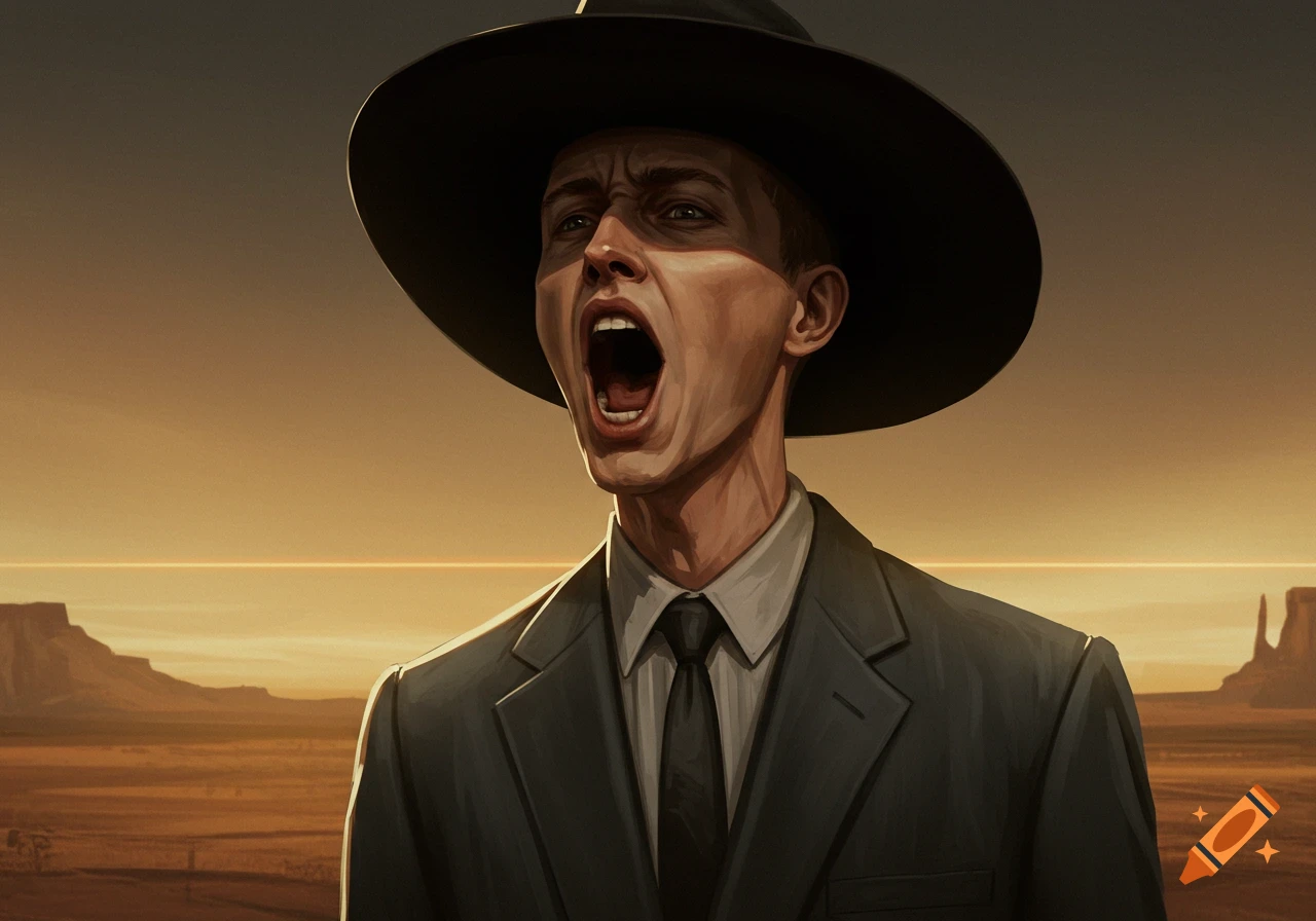 Stylized portrait of a man in a black cowboy hat and grey suit, yelling in a desert at sunset.