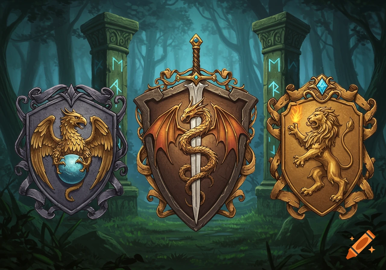 Three ornate fantasy shields with a griffin, dragon, and lion, in a dark forest with runic pillars.
