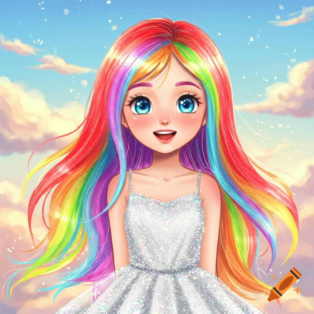 A cute cartoon girl with vibrant rainbow hair and a sparkly white dress smiles against a cloudy blue sky.