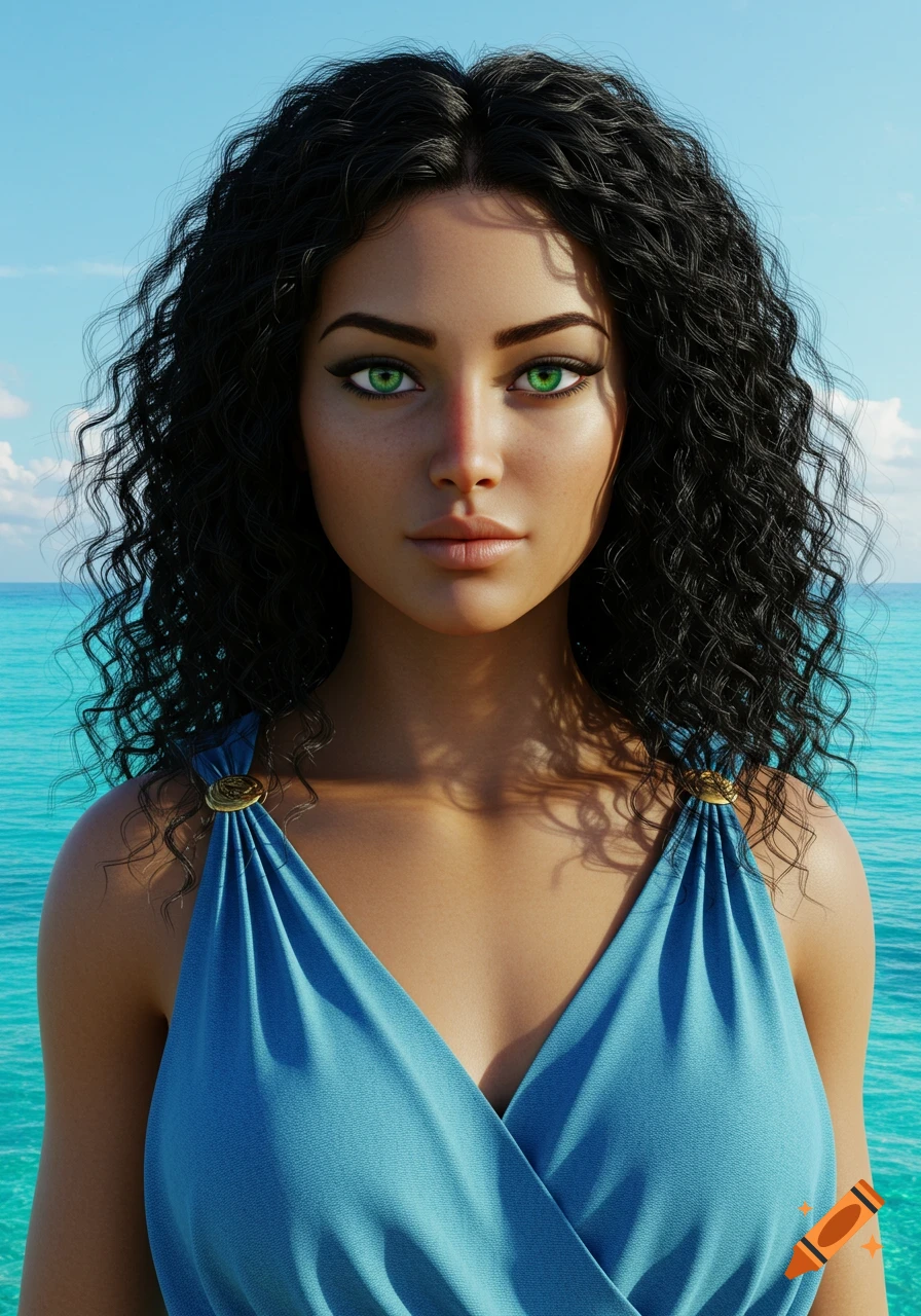 Realistic portrait of a beautiful woman with olive skin, black curly hair, and green eyes, wearing a blue chiton, against a bright turquoise seascape.