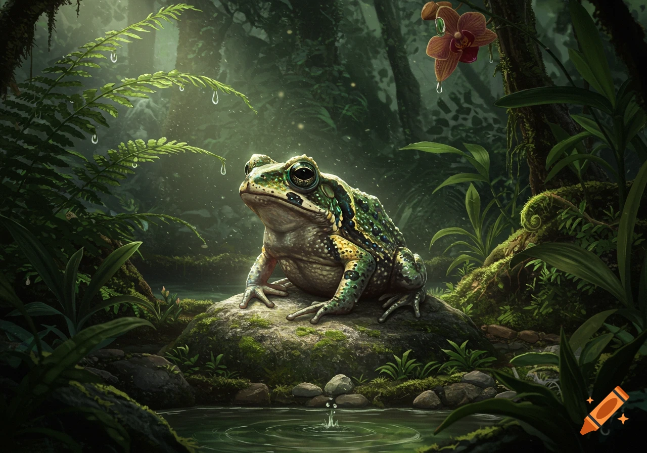 A vibrant green and black frog sits on a mossy rock in a lush, detailed rainforest with water droplets on ferns.
