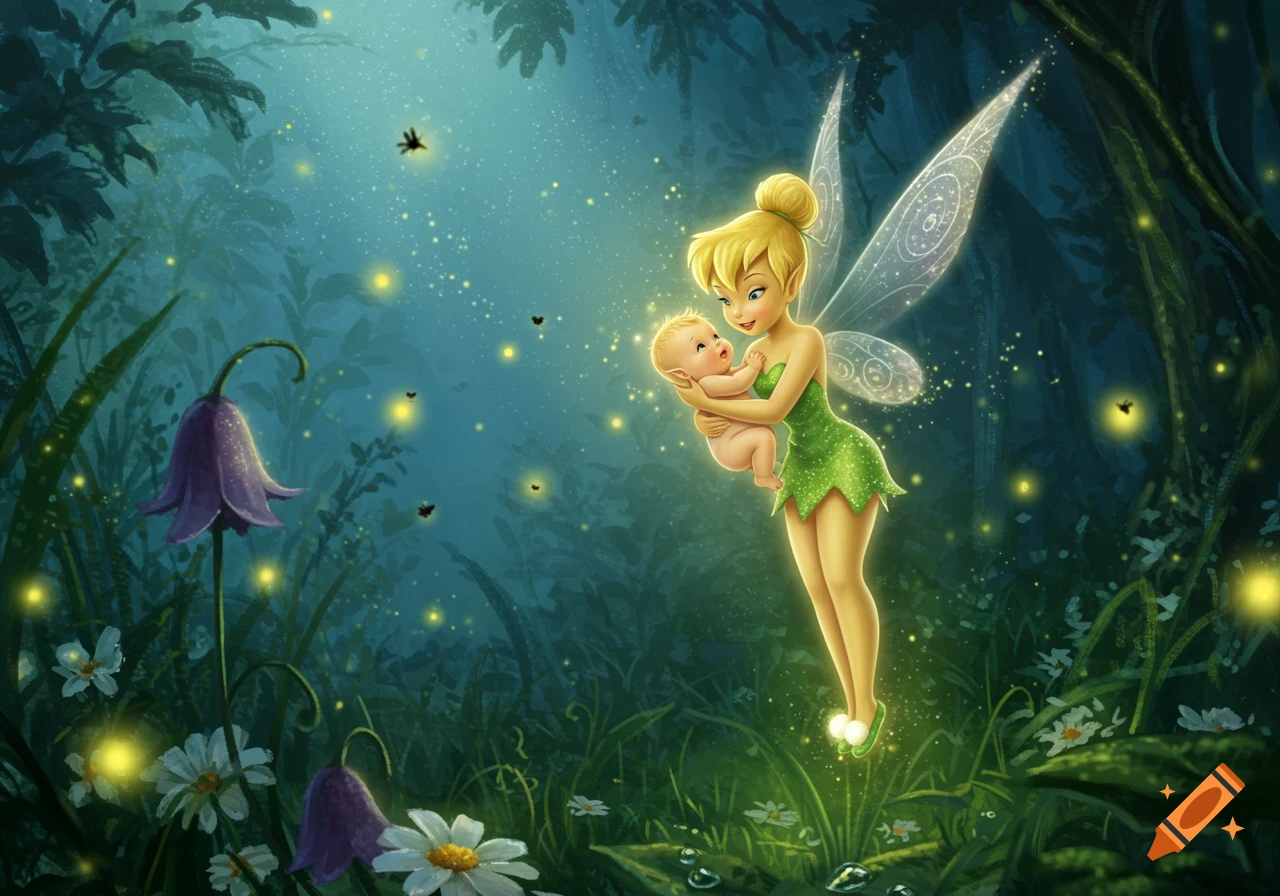 Tinkerbell, a blonde fairy in a green dress, gently holds a baby in a magical, glowing forest with fireflies and flowers.