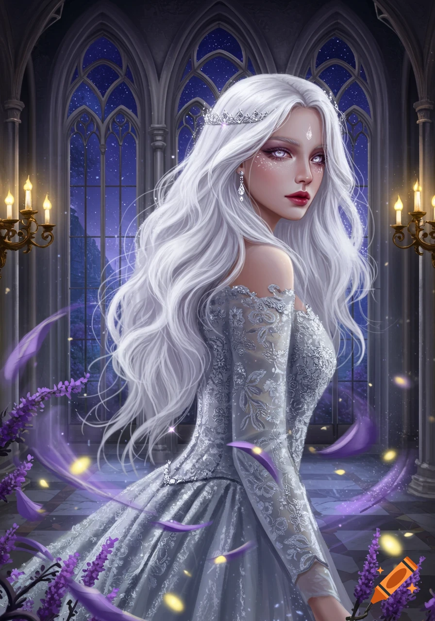 Digital art of a white-haired princess in a silver lace gown and crown, with purple eyes, in a gothic setting under a starry sky.