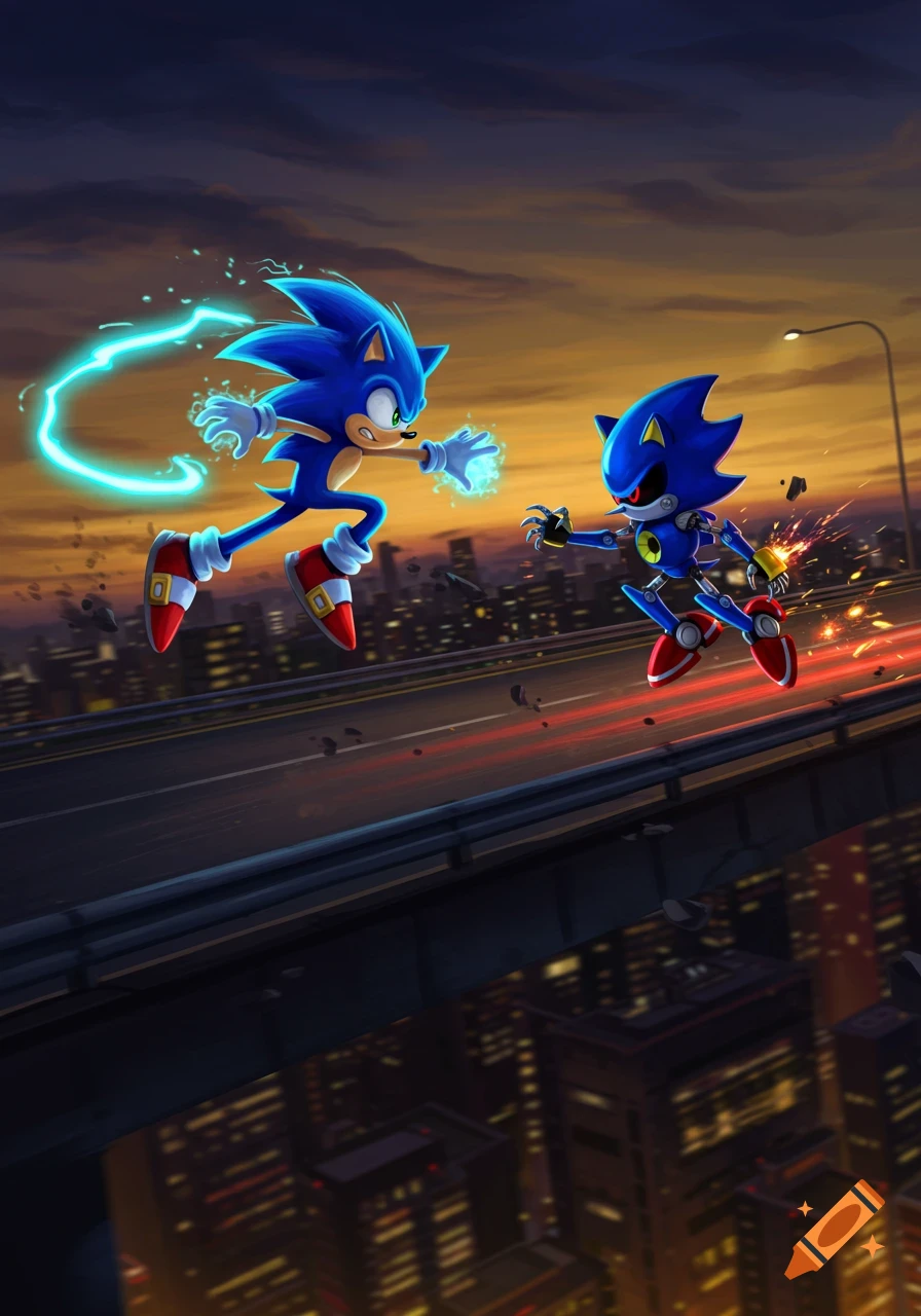 Sonic the Hedgehog with glowing hands fights Metal Sonic on a highway over a city at sunset, sparks flying.