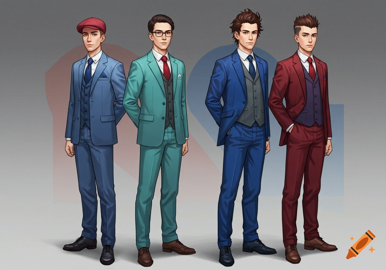 Four young men in blue, teal, and red suits with ties and vests, standing in a digital illustration style.