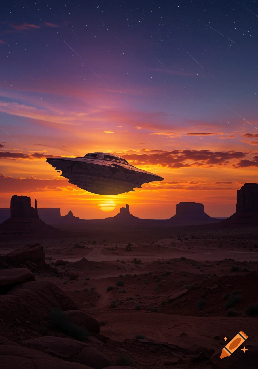 Photorealistic UFO hovers over a desert with rock formations at sunset/sunrise, stars and meteors in a vibrant orange and purple sky.