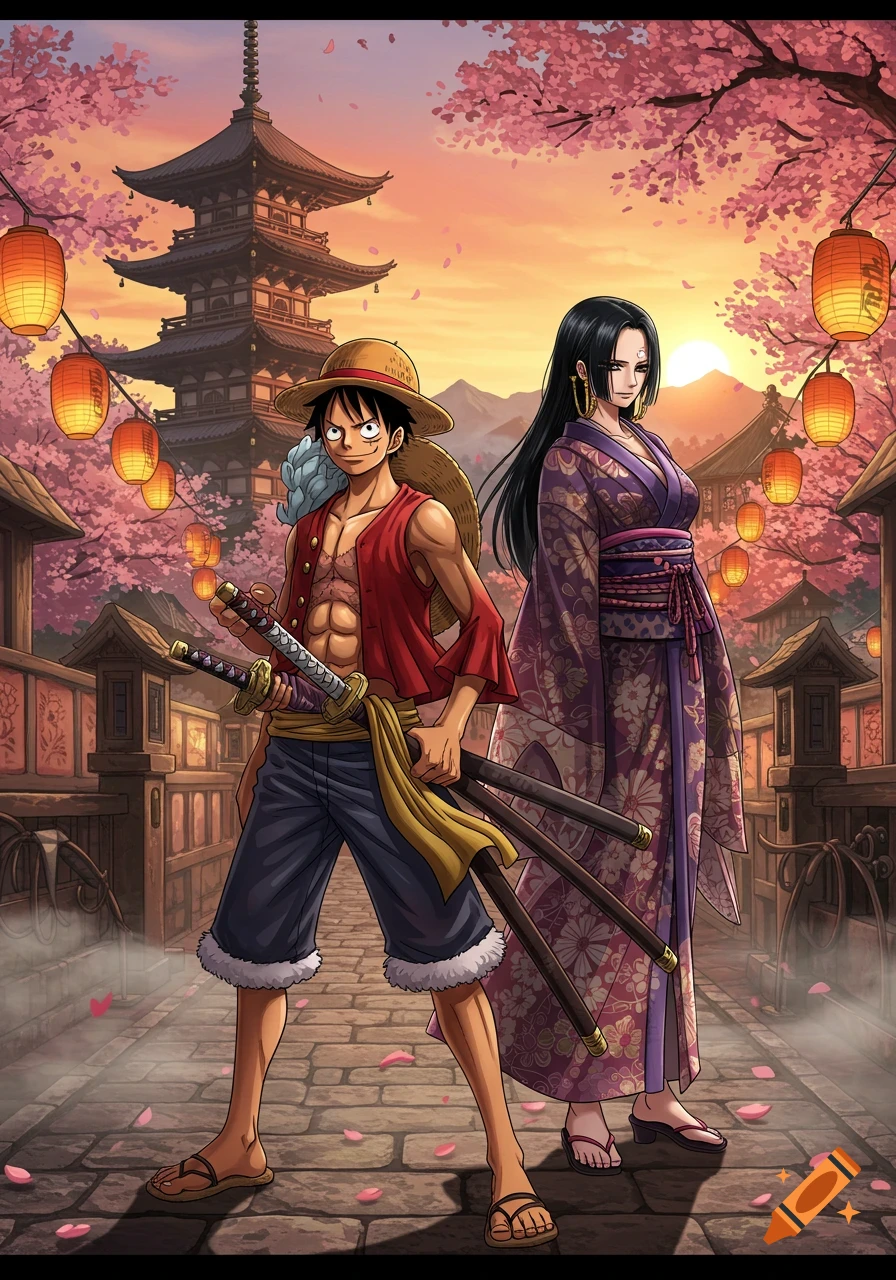 Anime characters Luffy and Hancock in Wano attire stand on a Japanese street with cherry blossoms, lanterns, and a pagoda at sunset.