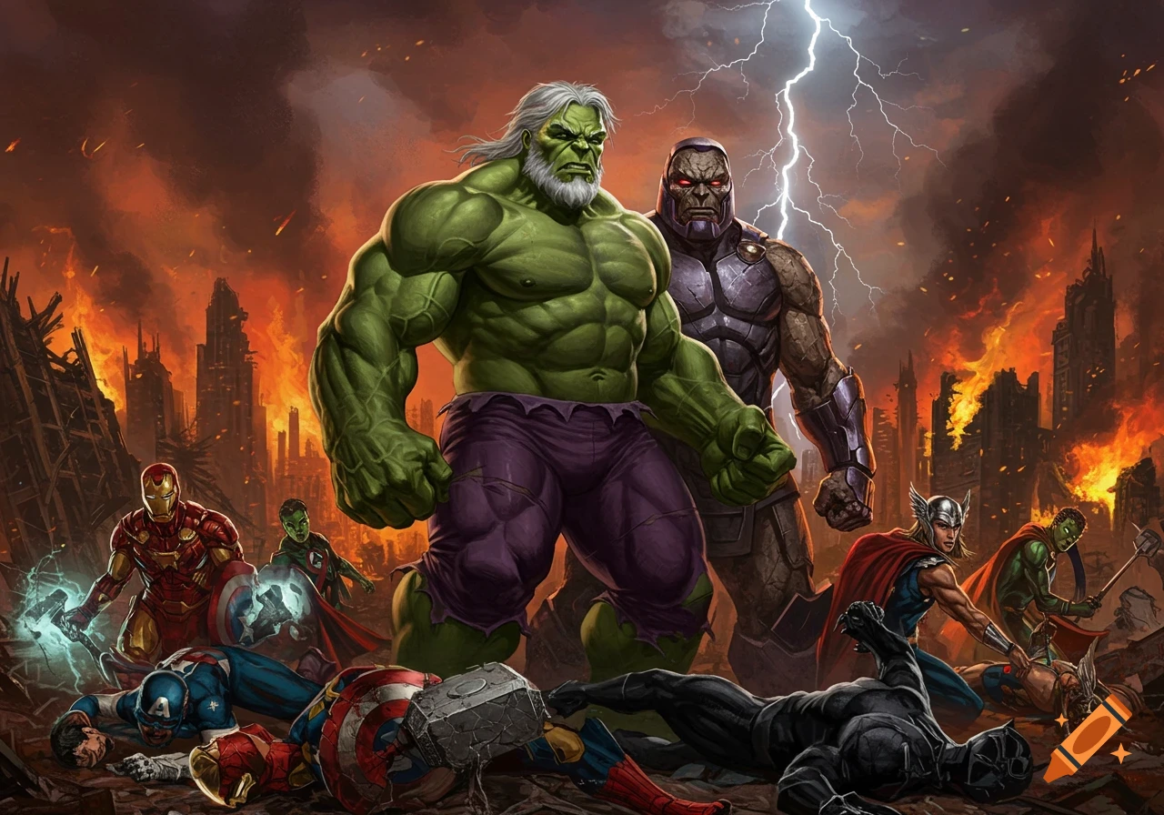 Old Man Hulk and Darkseid stand over fallen superheroes like Captain America, Iron Man, Thor, and Black Panther in a ruined city.