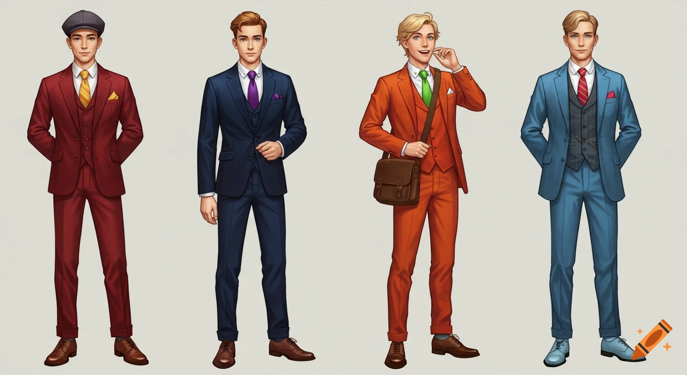 Four young men in stylish suits: red, navy, orange with a messenger bag, and light blue with a waistcoat. Digital illustration.