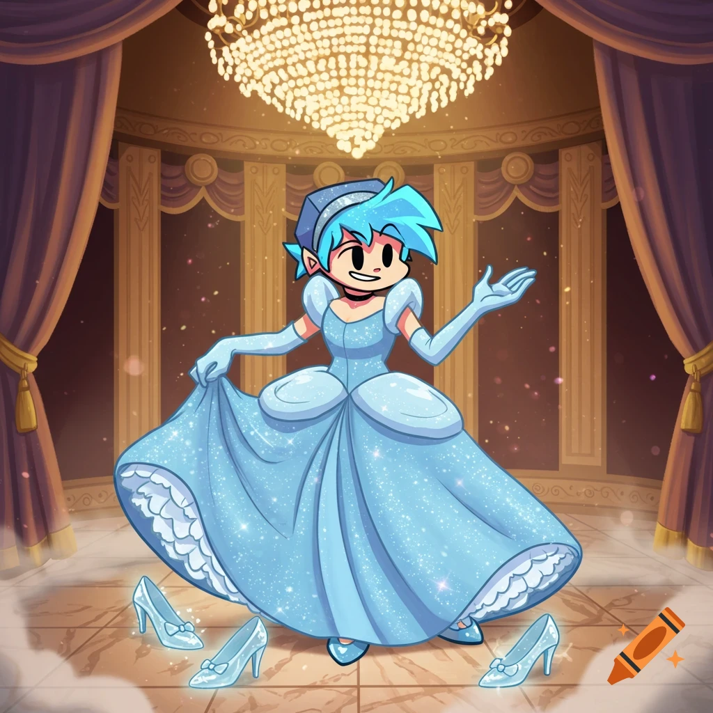 Cartoon character Boyfriend from FNF dressed as Cinderella in a sparkly blue gown, headband, and gloves, standing in a grand ballroom with glass slippers.