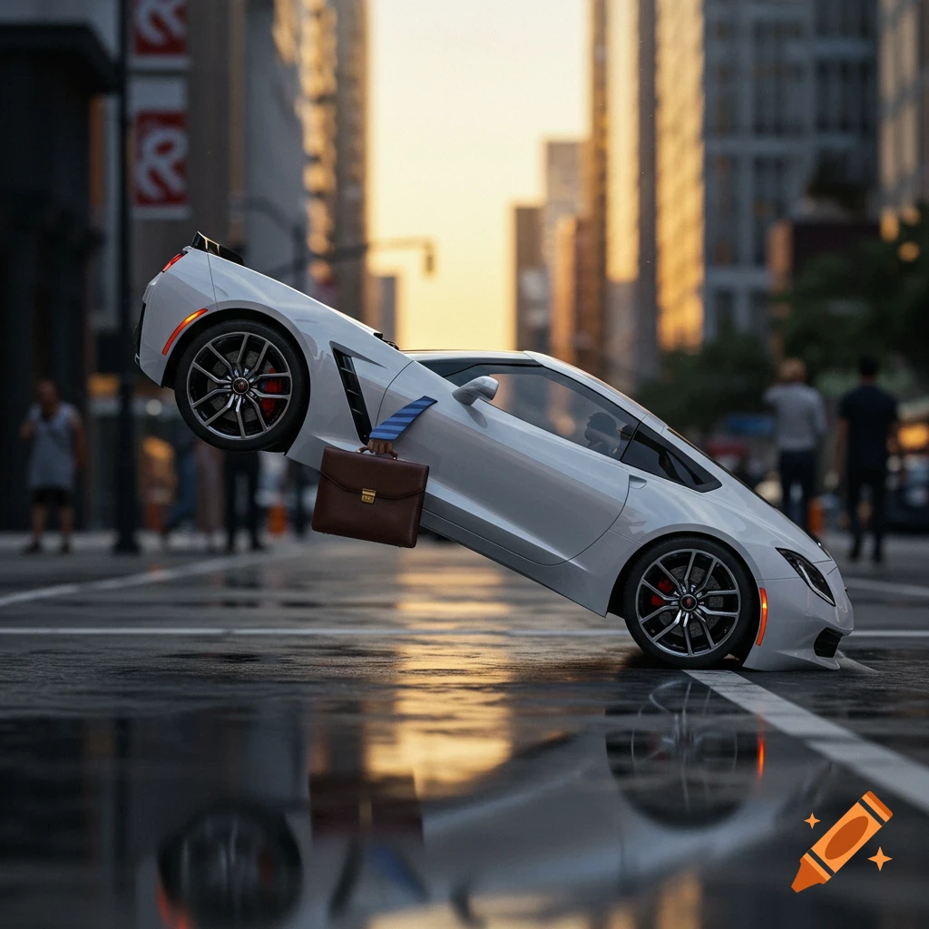 White Chevrolet Corvette on its hind wheels with a briefcase and tie, on a wet city street at sunset.