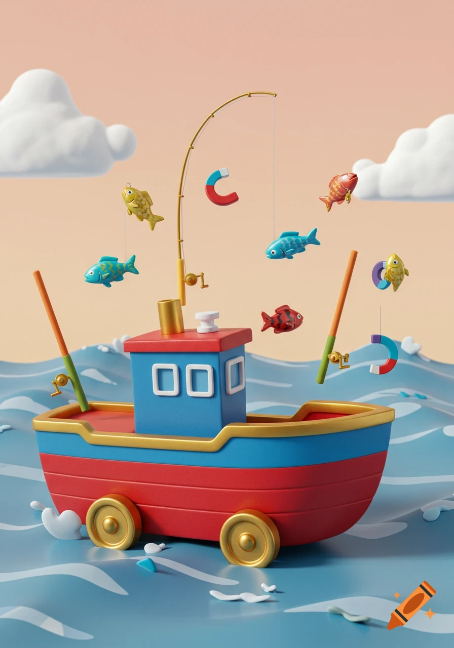 A vibrant 3D rendered toy boat with wheels on blue waves, surrounded by floating magnetic fish and fishing rods.