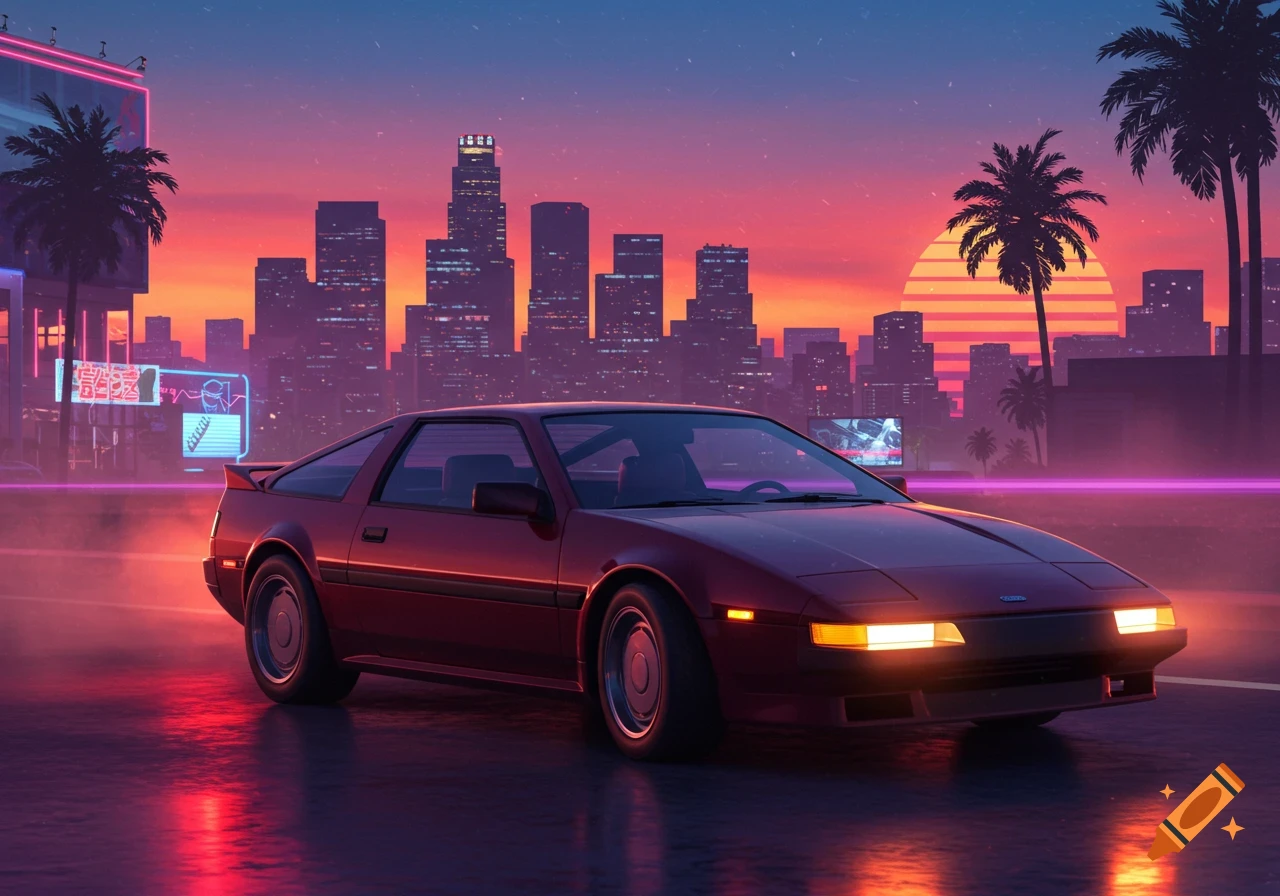 A red 1980s sports car on a wet road in a neon-lit cityscape with palm trees and a sunset in a retrowave style.