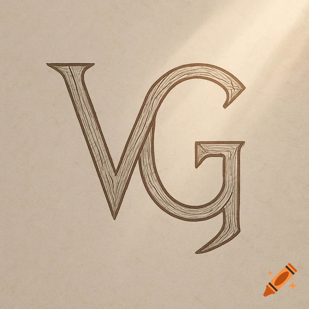 Stylized brown letters 'V' and 'G' with a rustic wood-grain texture on a light beige background.