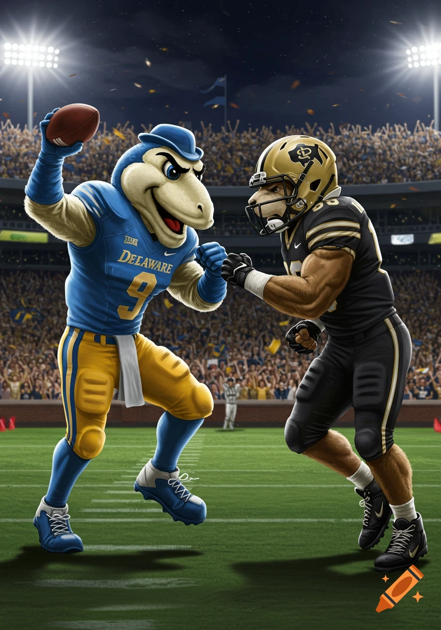 Digital illustration of the Delaware Blue Hens mascot with a football facing the Colorado Buffaloes mascot on a football field at night.