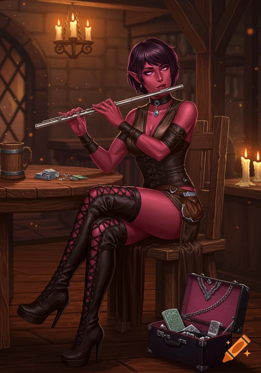 A red-skinned female elf with short dark hair and pink eyes sits in a candlelit tavern, playing a silver flute. She wears a leather corset, thigh-high boots, and a blue choker. A small open suitcase with belongings is at her feet.