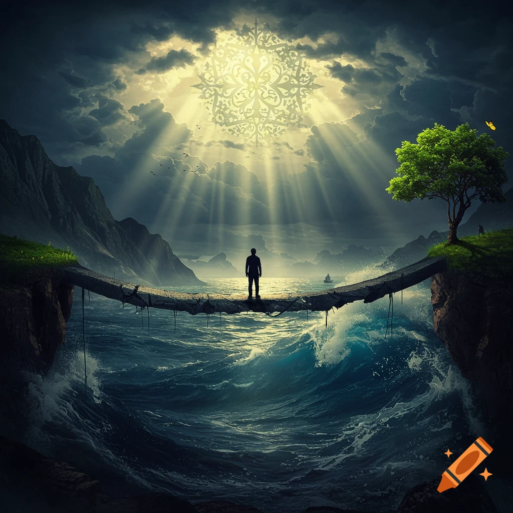 A lone figure stands on a broken bridge over stormy seas, facing a radiant sky with intricate Islamic ornamentation, flanked by mountains and a green tree. Photorealistic, dramatic.