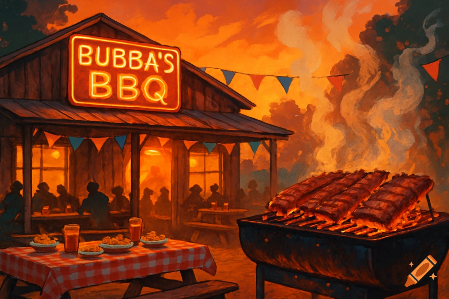 A painterly image of a bustling outdoor BBQ restaurant named "Bubba's BBQ" at sunset, with ribs cooking on a grill.