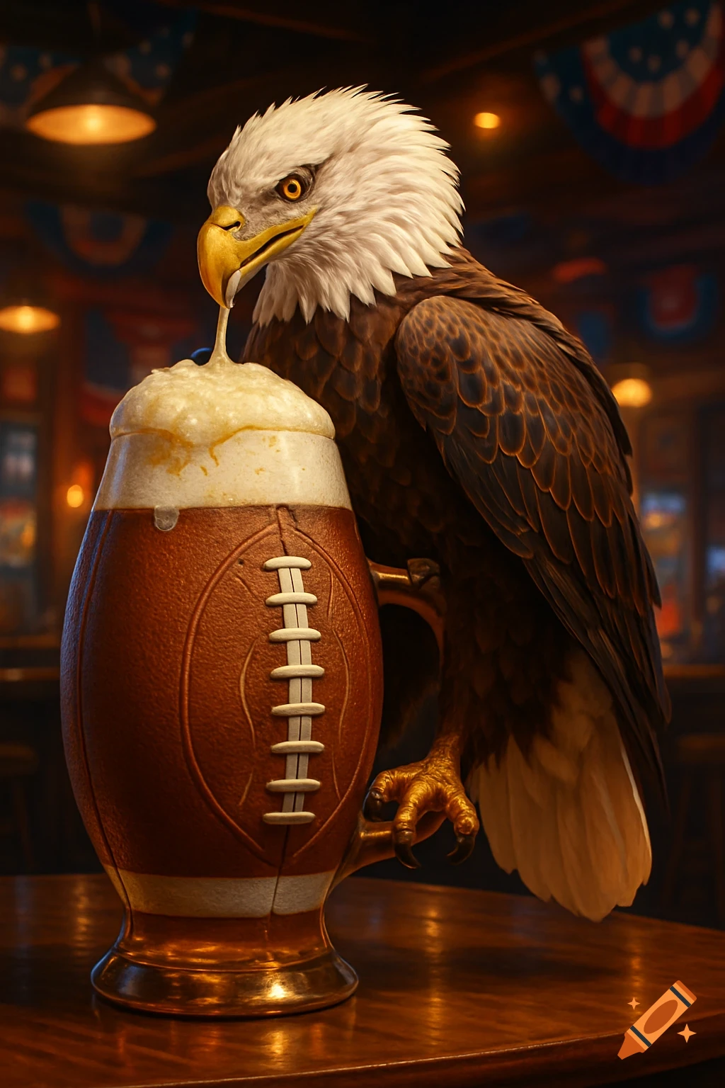 A majestic bald eagle appears to drink foamy beer from an American football-shaped mug in a dimly lit bar, digital art.