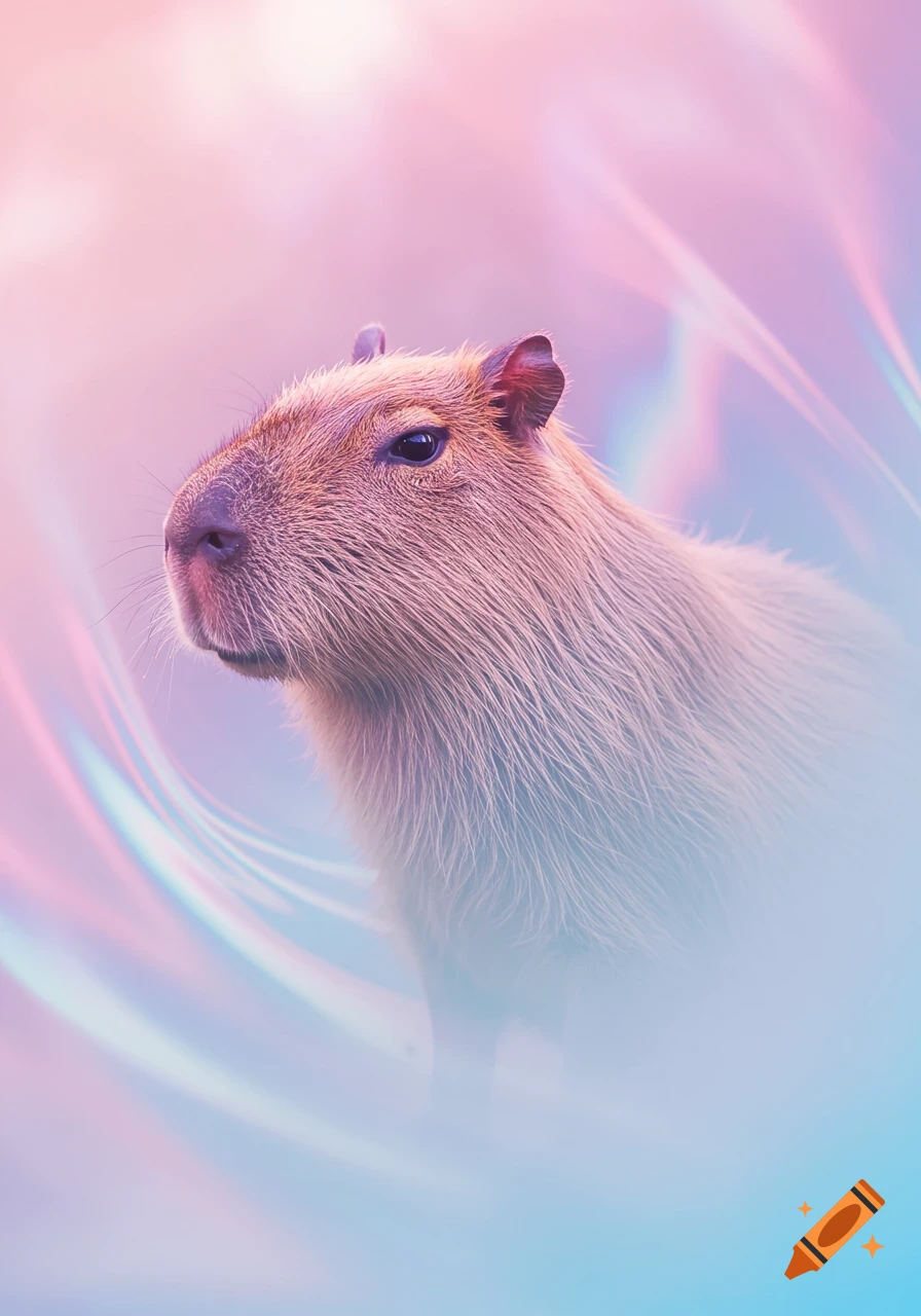 A capybara looks left, surrounded by swirling pink and blue holographic light patterns.