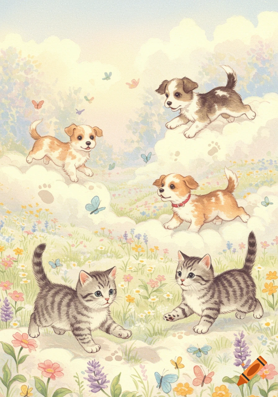 Playful kittens and puppies with butterflies and flowers in a soft, pastel children's book illustration style.