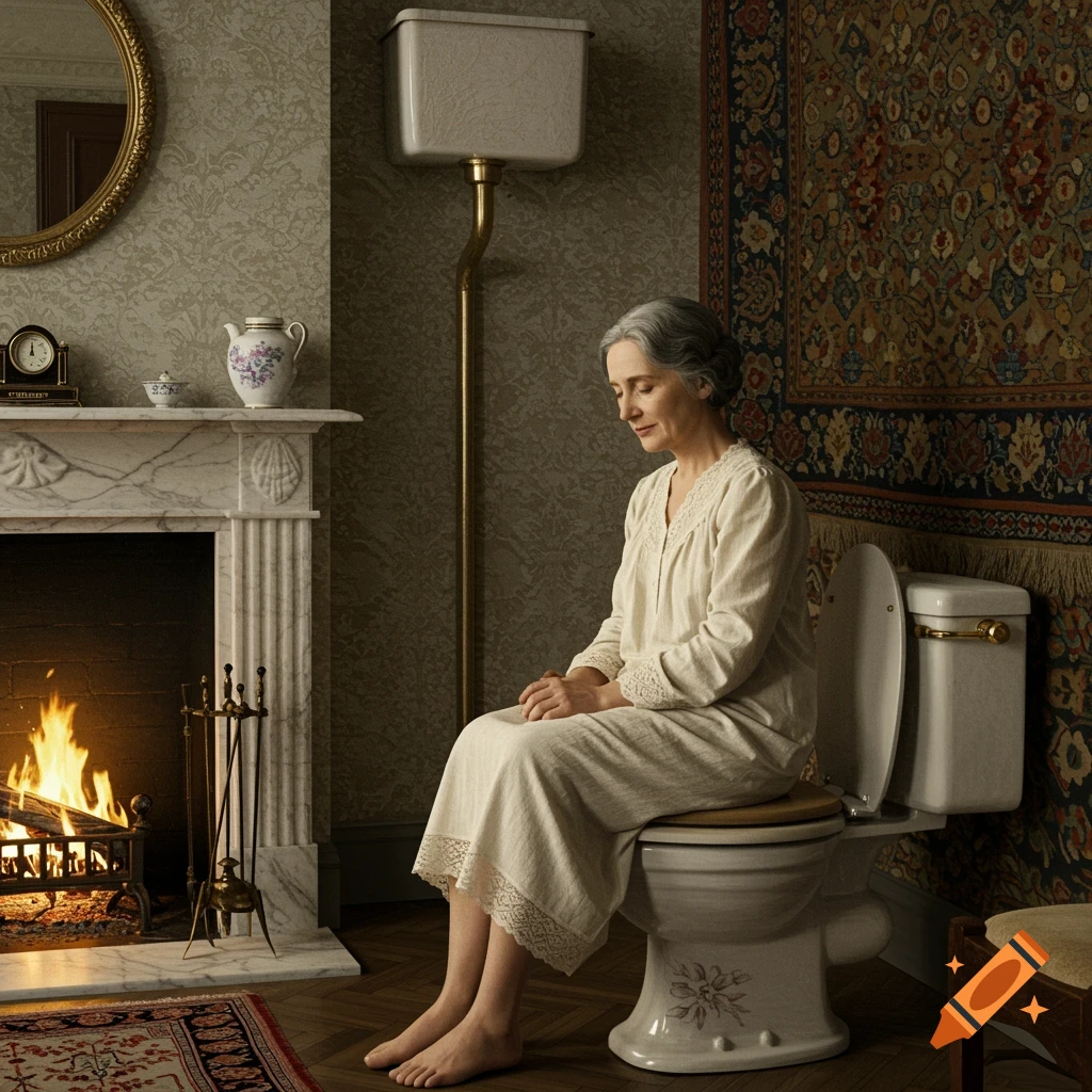 An elderly woman in a nightgown sits on a toilet in a vintage-style room with a fireplace, photorealistic.