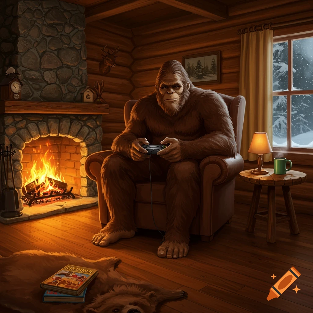 A bigfoot creature sits in a cozy wooden cabin by a fireplace, playing a video game controller, with a snowy window nearby.