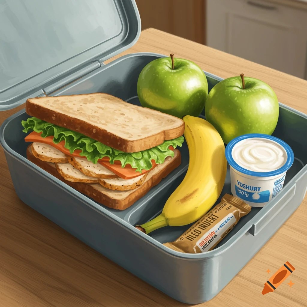 A grey lunchbox filled with a chicken and lettuce sandwich, two green apples, a banana, a yogurt cup, and a protein bar.
