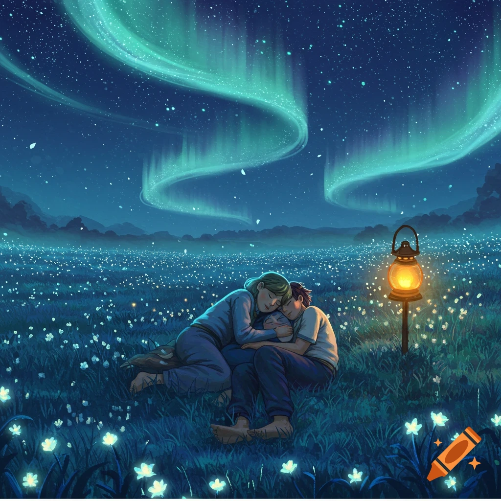 An illustrated couple and child sleeping in a field of glowing flowers under a starry night sky with a vibrant aurora borealis and a lit lantern.