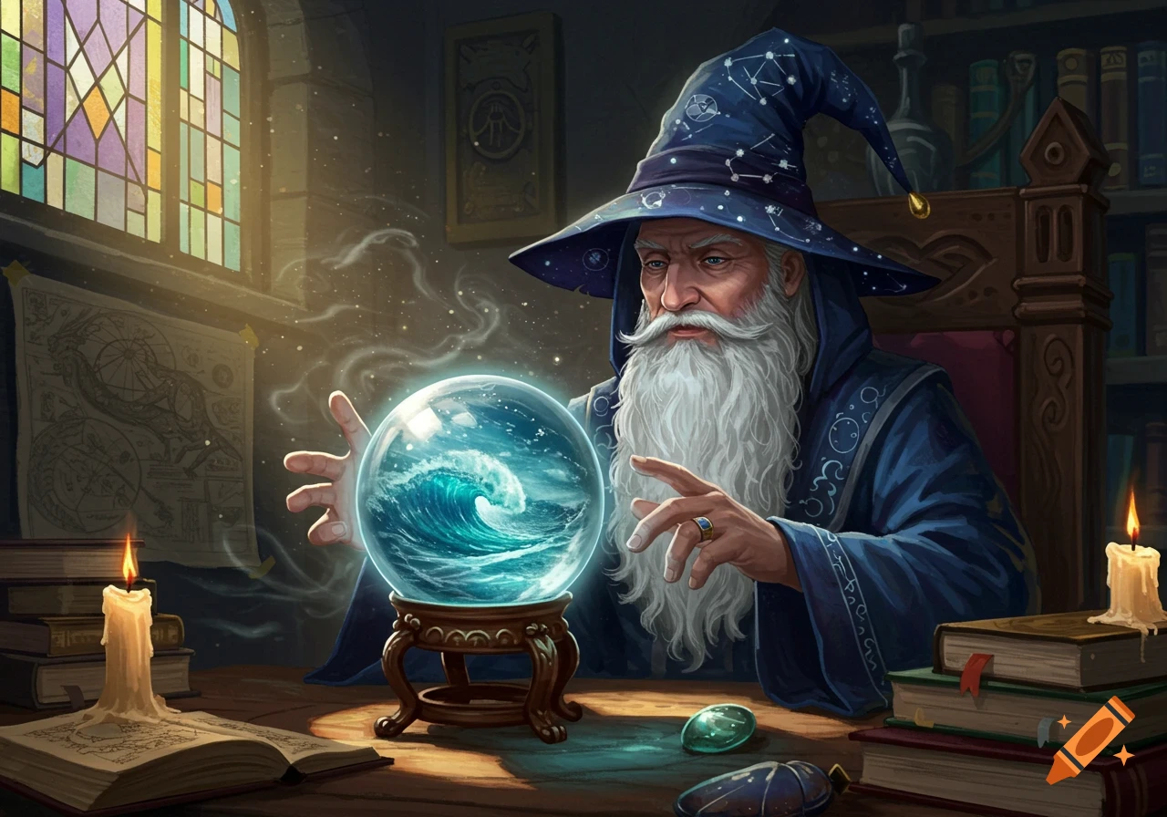 An old wizard with a white beard and pointed hat gazes into a crystal ball depicting ocean waves, in a magical study.