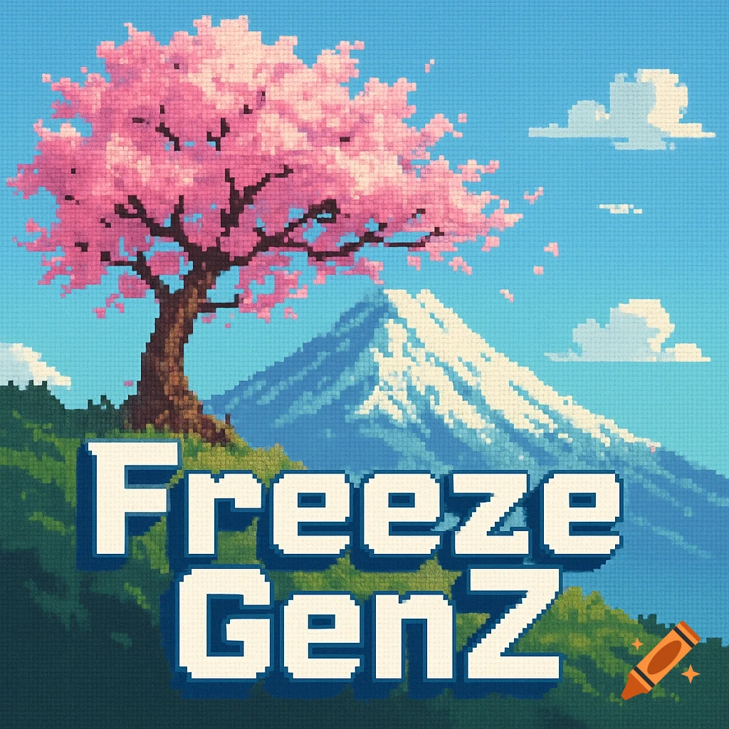 Pixel art landscape with a cherry blossom tree, snowy mountain, and text 'FREEZE GenZ' in the foreground.