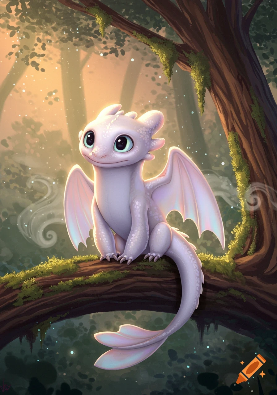 A cute, white baby dragon with large blue eyes sits on a mossy tree branch in a magical, sunlit forest.